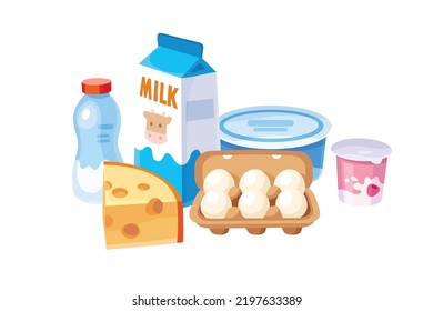 Collection, set of cartoon vector icons of dairy, milk food and drinks supermarket merchandise assortment isolated. Meal clipart illustration. Collage of grocery food. Healthy eating diet, ration.