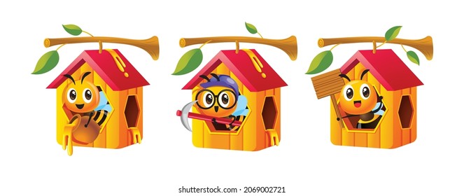 Collection set of cartoon worker bee stay inside honeycomb house which hang on tree twig. Bee character with holding honey pot, pickaxe and signboard. Vector mascot set