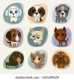 Collection set with cartoons cute puppies and dogs. Vector illustration for postcards.