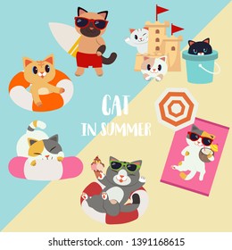 The collection set character cartoon cat in the summer theme in flat vector style  Graphic resource about summer   cat for graphic content   banner 