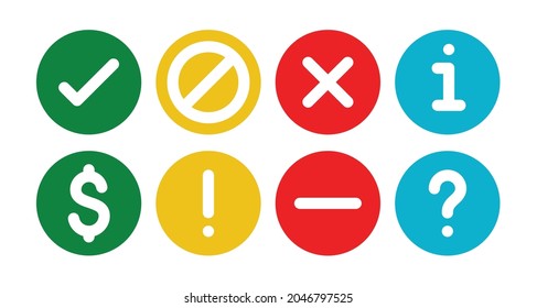 Collection set of checkmark, void, cross, info, dollar, exclamation point, rejected, question mark flat round icons - buttons in vector isolated on white background.