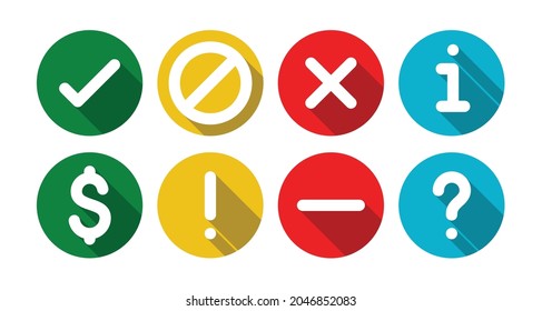 Collection set of checkmark, void, cross, info, dollar, exclamation point, rejected, question mark flat round icons - buttons in vector isolated on white background. Suitable for poll, voting, survey.