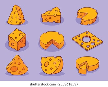 Collection Set of Cheese slice cartoon cute hand drawn illustration 