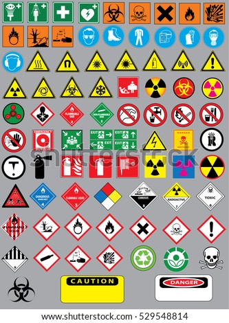 Collection set of chemistry and laboratory warning signs and warning icons