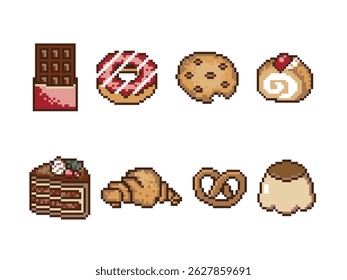 conjunto de coleção de chocolate doce padaria comida sobremesa 8 bits pixel arte, design plano vetor ilustração