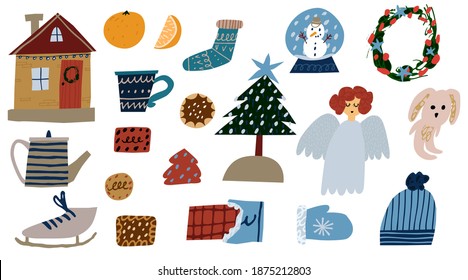 Collection set of christmas decorations isolated on white background. Hand drawn flat angel, wreath, tree, house, sweet and toys. Holiday doodle drawings. Trendy xmas design vector illustration