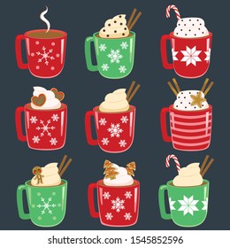 Collection set of Christmas mugs with hot drinks