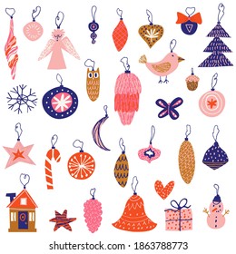 Collection set of christmas tree decorations isolated on white background. Hand drawn holiday vector illustration design. Snowman, house, pine, angel, ball, bird. Big group for new year tree decor