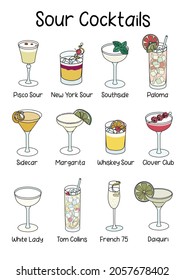Collection set of classic famous sour cocktail such as Whiskey or New York Sour, Clover Club, Paloma, Margarita, Daiquiri, Sidecar. A4 A3 international paper size picture for posters, bar menu decor