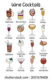 Kollektion von klassischen berühmten Cocktails auf Weinbasis wie Kir, Mimosa, Sangria, Bellini, Calimocho, Französisch 17, New York Sour etc. A4 A3 internationales Papierformat für Plakate, Bar-Menü-Dekoration