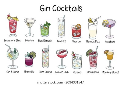 Collection set of classic gin based cocktails Gin and Tonic, Ramos Fizz, Bramble, Basil Smash, Negroni, Aviation, Clover Club, Monkey Gland, Casino etc. Cartoon doodle style vector illustration