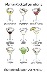 Collection set of classic martini cocktail variations such as Vesper, Espresso, Appletini, Gibson, Dirty, French, Smoky Martini etc. A4 A3 international paper size picture for posters, bar menu decor