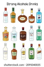 Collection set of classic Strong Alcoholic Drinks. Doodle cartoon hipster style vector A4 A3 poster size illustration isolated on white background. For party card, bar menu, alcohol cook book recipe