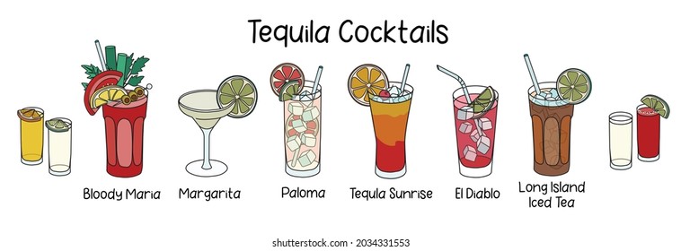 Collection set of classic tequila based cocktails Sunrise, Bloody Maria, El Diablo, Paloma, Margarita and two shots of golden silver tequila with sangrita. Cartoon doodle style vector illustration