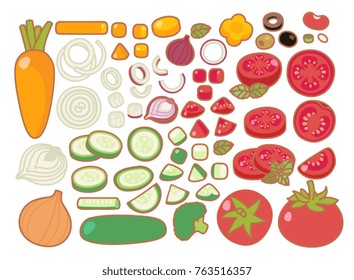 Collection set of clean organic tasty food, healthy salad, fresh vegetable salad, slices vegetable, chopped tomato, cucumber, carrot, onion, red onion, kidney bean isolated on white - Vector file 