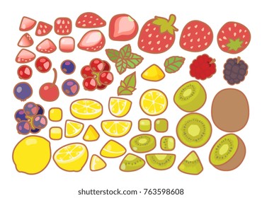 
Collection set of clean organic tasty food, healthy salad, fresh fruit salad, slices fruit, lovely strawberry, cute kiwi, kawaii lemon, cherry, blueberry, blackberry isolated on white - Vector file 
