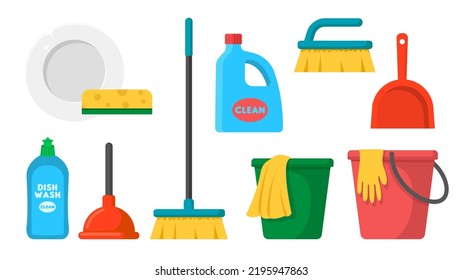 Collection set of cleaning tool broom mop bucket dustpan sponge brush detergent rag