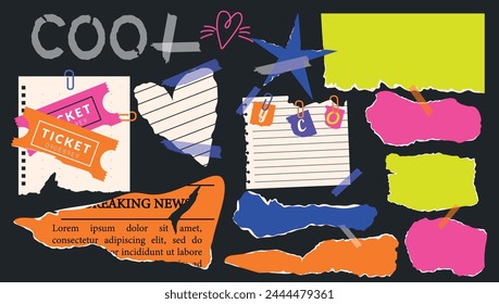Collection and set. Collage of trendy torn papers and newspapers. Adhesive tape and paper clips. Modern design for templates. Retro and vintage. Heart and star. Concept made from elements. Text.
