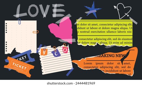 Collection and set. Collage of trendy torn papers and newspapers. Modern design for templates. Retro and vintage. Vector illustration. Isolated. Concept made from elements. Chalk markers. Background