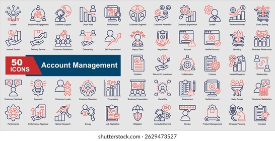 
A collection set of colored outline Account Management icons. Includes customer retention, negotiation, portfolio, sales funnel, collaboration, and more. Perfect for illustration and design.