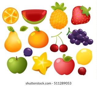 Collection Set of colorful glossy cartoon fruit icons, orange, watermelon, pineapple, strawberry, pear, orange, cherry, grape, lemon, berry, apple, starfruit, isolated on white - Vector file EPS10