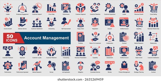 A collection set of colorful glyph-style Account Management icons. Includes customer retention, negotiation, portfolio, sales funnel, collaboration, and more. Perfect for illustration and design.