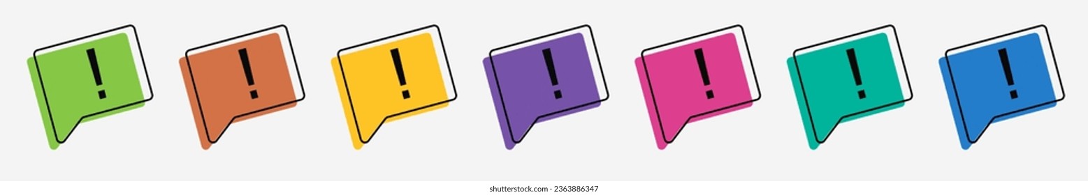 Collection set of colorful speech bubbles with exclamation point or marks. The concept of communication of people in the field of business and everyday affairs. Vector illustration.