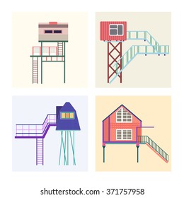 Collection, set of colorful wood cottages, tree houses with stairs, windows and pillars.