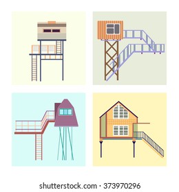 Collection, set of colorful wood cottages, tree houses with stairs, windows and pillars.