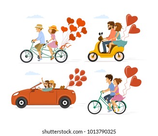 collection set of couples in love on a date on the roadtrip, having ride with bike, tandem bicycle, scooter and car with festive balloons