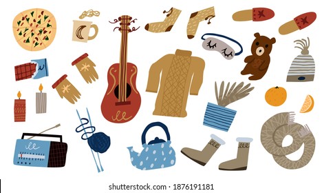 Collection set of cozy home things isolated on white background. Hand drawn doodle drawing. Scarf, sweater, socks, tea, pizza, radio, guitar, teddy bear. Winter vacations concept. Vector illustration