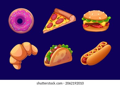 The collection is a set for creating mobile games, vector interface elements. Mobile food game icons for use in app design and development. Tacos, pizza, donut, burger, croissant, hot dog  casual game