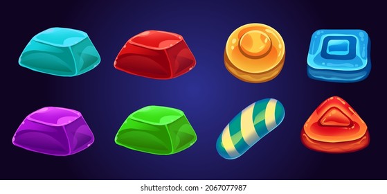 Collection set for creating mobile games jelly, candy, sweets in a casual style. Game icons for apps, websites and casinos lollipops, food .