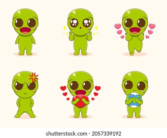 Collection set of cute Alien cartoon character isolated background 