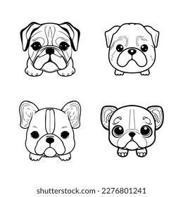 A collection set of cute anime bulldogs in various poses and expressions, Hand drawn with intricate line art. Perfect for animal lovers and fans of anime