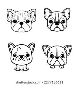 A collection set of cute anime bulldogs in various poses and expressions, Hand drawn with intricate line art. Perfect for animal lovers and fans of anime