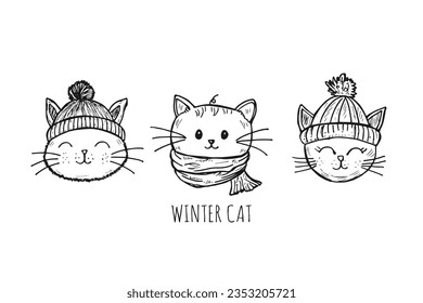 Collection set of cute cat head wearing scarf and winter beanie cap, hat. Hand-drawn doodle cartoon cute cat face vector illustration. Isolated on white background