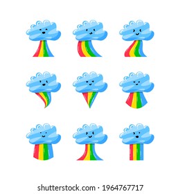 Kollektion süßer Wolke mit buntem Regenbogen in handgezeichnetem Stil