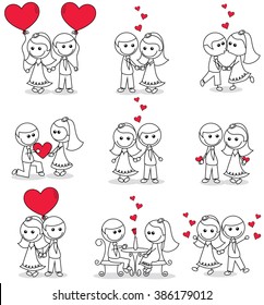 collection set of cute couple doodle with hearts