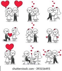 collection set of cute couple doodle with hearts