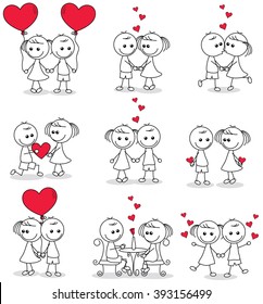 collection set of cute couple doodle with hearts