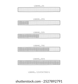 Sammlung Satz von niedlichen Doodle Handzeichnung Ladevorgang Fortschritt Zähler Bar Computer Batterie, Banner, flaches Design, Vektorgrafik