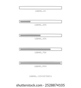 conjunto de coleção de bonito doodle mão desenhar processo de carga barra de contador de progresso computador bateria, banner, design plano ilustração vetor