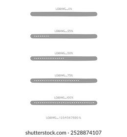 Sammlung Satz von niedlichen Doodle Handzeichnung Ladevorgang Fortschritt Zähler Bar Computer Batterie, Banner, flaches Design, Vektorgrafik