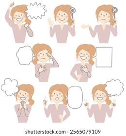 collection set of cute doodle hand draw speech bubble balloon with girl woman character facial expression, text box think speak talk banner, flat design vector illustration