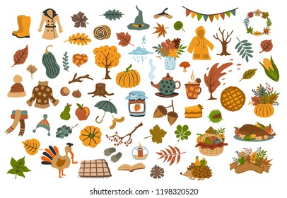 collection set  of cute drawn autumn fall thanksgiving seasonal items svg