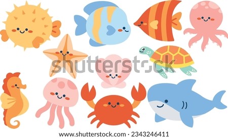 COLLECTION SET OF CUTE FISH AND AQUATIC ANIMALS . SET OF FISH AND SEA ANIMALS . COMPILATION OF CUTE OCEAN LIFE . FISH OCTOPUS JELLY FISH CRAB SHARK SEA HORSE TURTLE STAR PUFFER SHELL