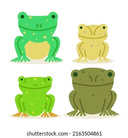 Collection set of cute frogs vector illustration. Flat exotic spotted toad, fun sitting froggy. Funny cartoon amphibian characters isolated on white background, group of animal