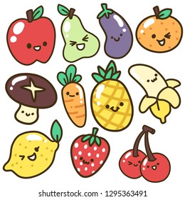 Collection set of Cute Fruits and Vegetables,adorable Apple,Kawaii Pear, Lovely Eggplant,Smiley Orange, Happy Carrot 