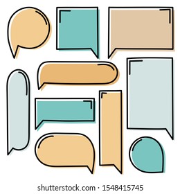 collection set of cute hand drawn line frame border, blank speech bubble balloon circle and square shape orange and green color, think, speak, talk, text box, banner, flat design vector illustration